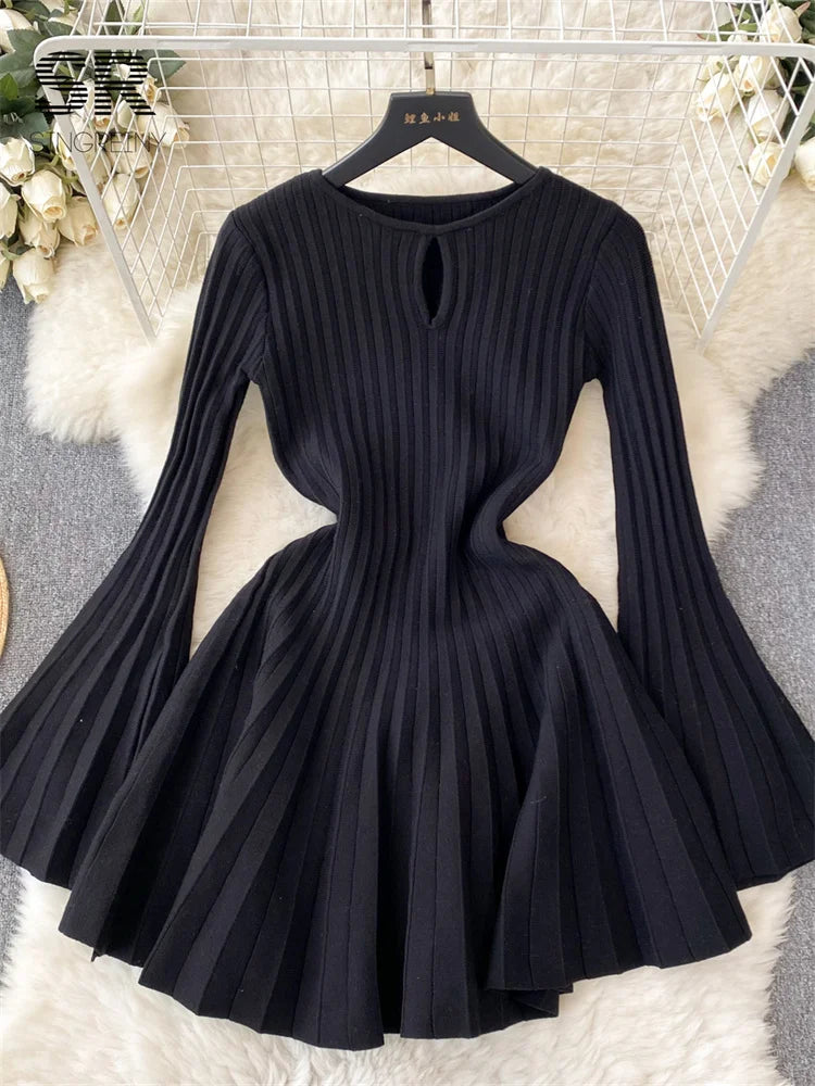 SINGREINY Elegant Knit Pleated Mini Dress Women Soft Ribbed Solid Flare Sleeve Fashion Lady Casual Sweater Slim Dresses