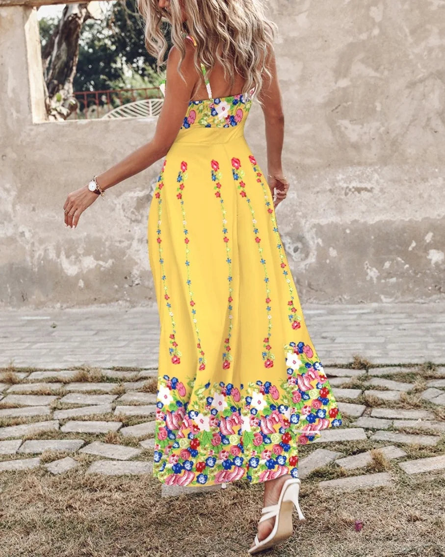 Summer Fashion Boho Floral Long Dress For Women 2025 Beach Style Sexy V Neck Spaghetti Strap Split Dresses Casual Holiday Dress