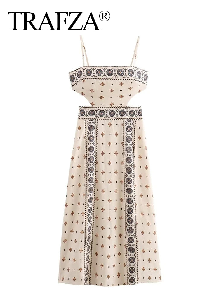 TRAFZA Women Vintage Print Sling Long Dress 2025 Fashion Hollow Out Sleeveless Backless Button Holiday Dresses Lady Slim Robes