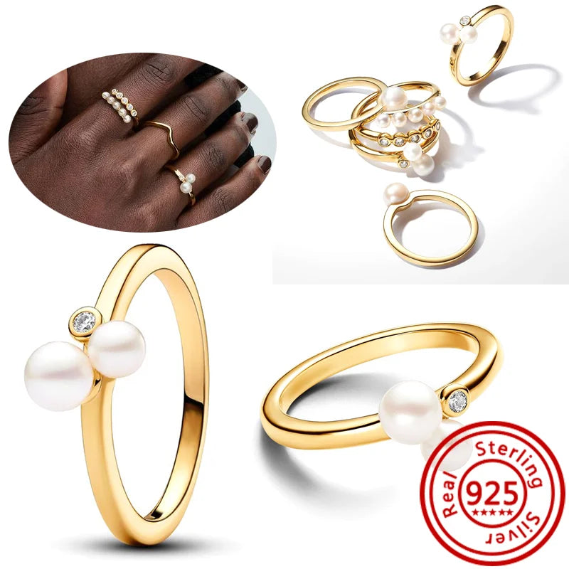 New 925 Sterling Silver Organically Shaped Stacking Pearls Hearts Stars Moon Sun Day Night Sparkling Pantaro Rings Women Jewelry