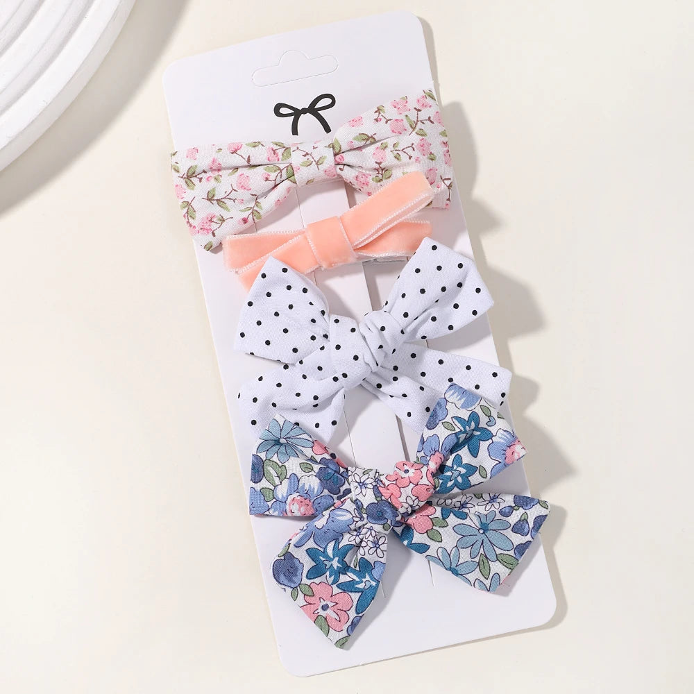 4PCS/Set Muslin Baby Girls Bows Hair Clips Hairpins Hairclip For Kids Cotton Linen Barrette Flower Print Side Pin Accessories