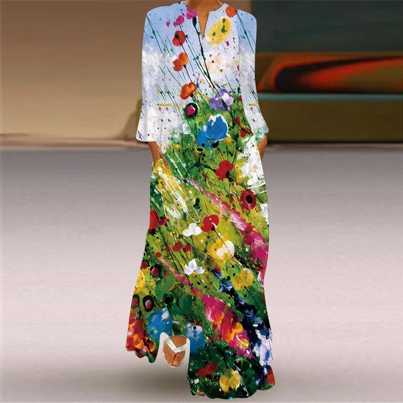 Elegant Bohemian Retro Ethnic Style Large Swing Long Dress 2025 New Women's V-neck Long Sleeved Pocket Printed Loose Dress Femme
