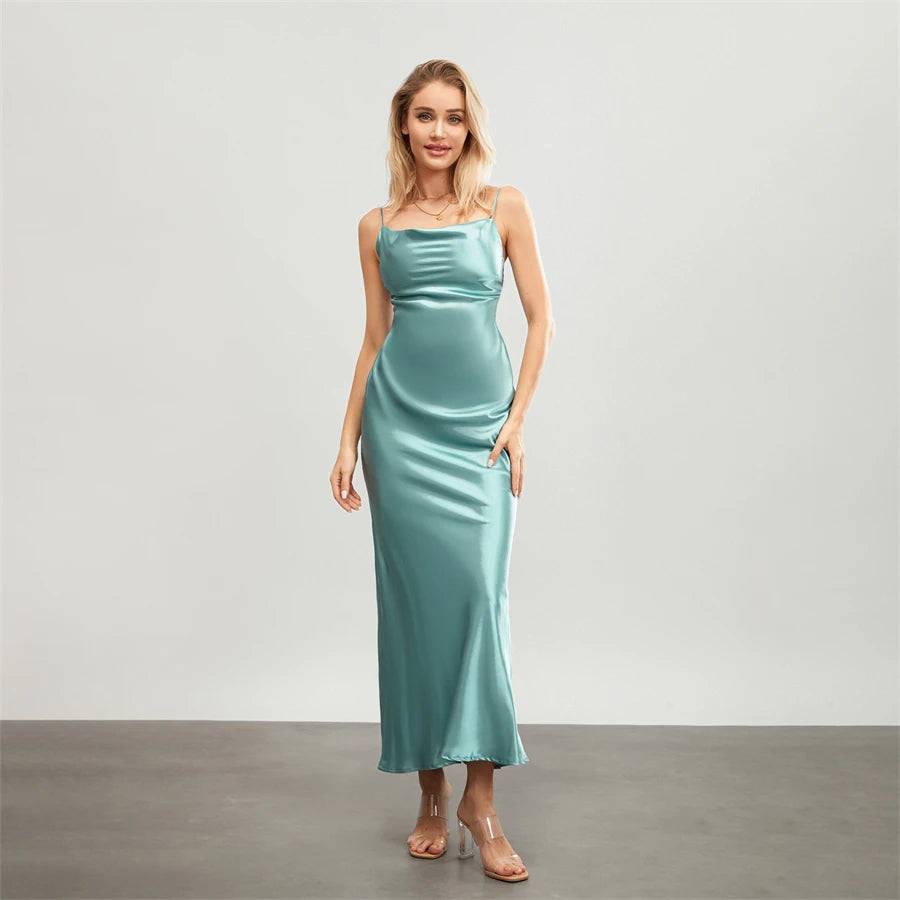 Elegant Satin Long Dress Solid Color Sleeveless Cowl Neck Wrap Party Dress
