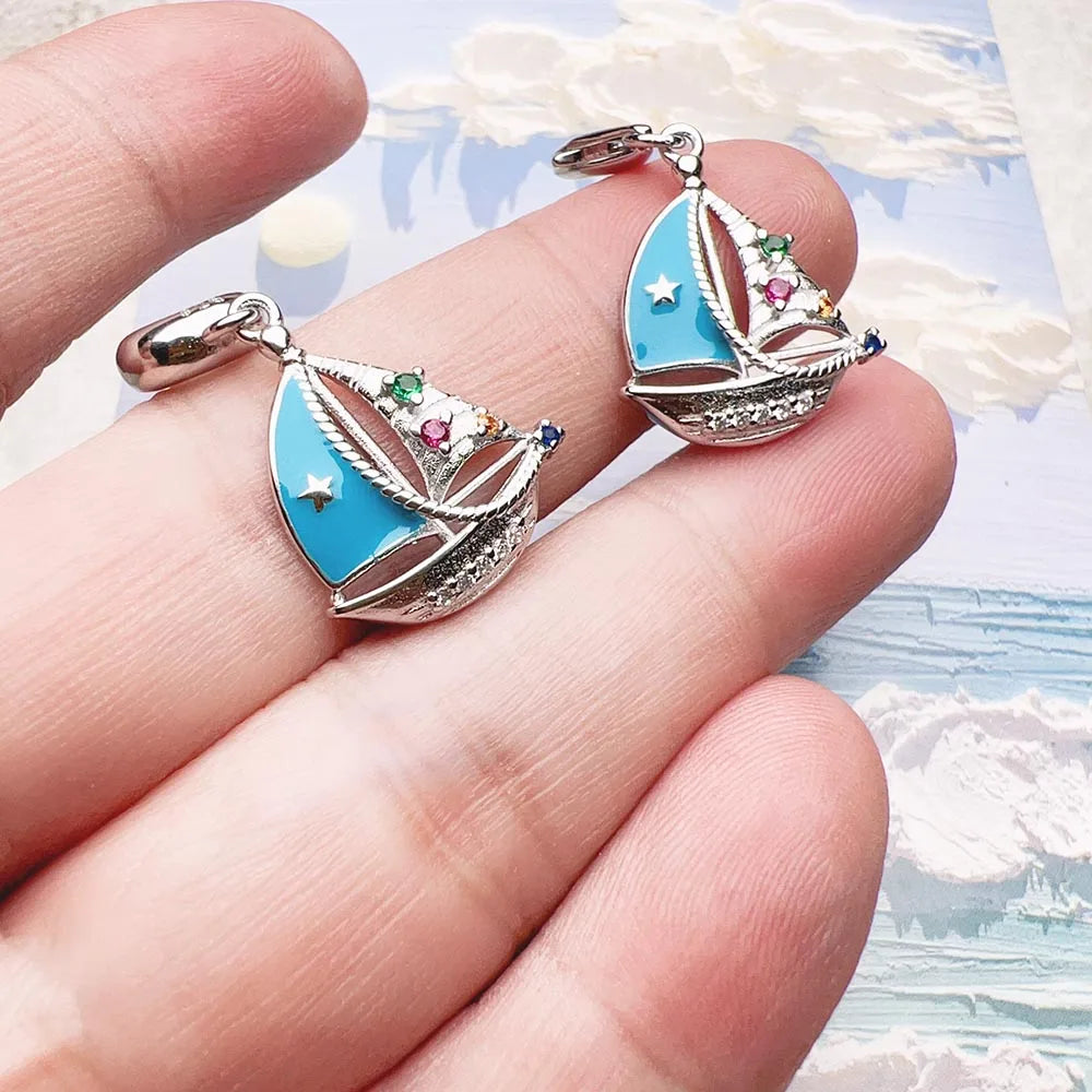 Hot 925 Sterling Silver Blue Sailing Boat Charm Pendants Brand New Trendy Holiday Gift for Women Men Jewelry