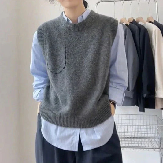 Solid Round O Neck Women's Knitted Vest Pullover Korean Style Clothing Trend Waistcoat Jumper Wear To Work Female Sweater