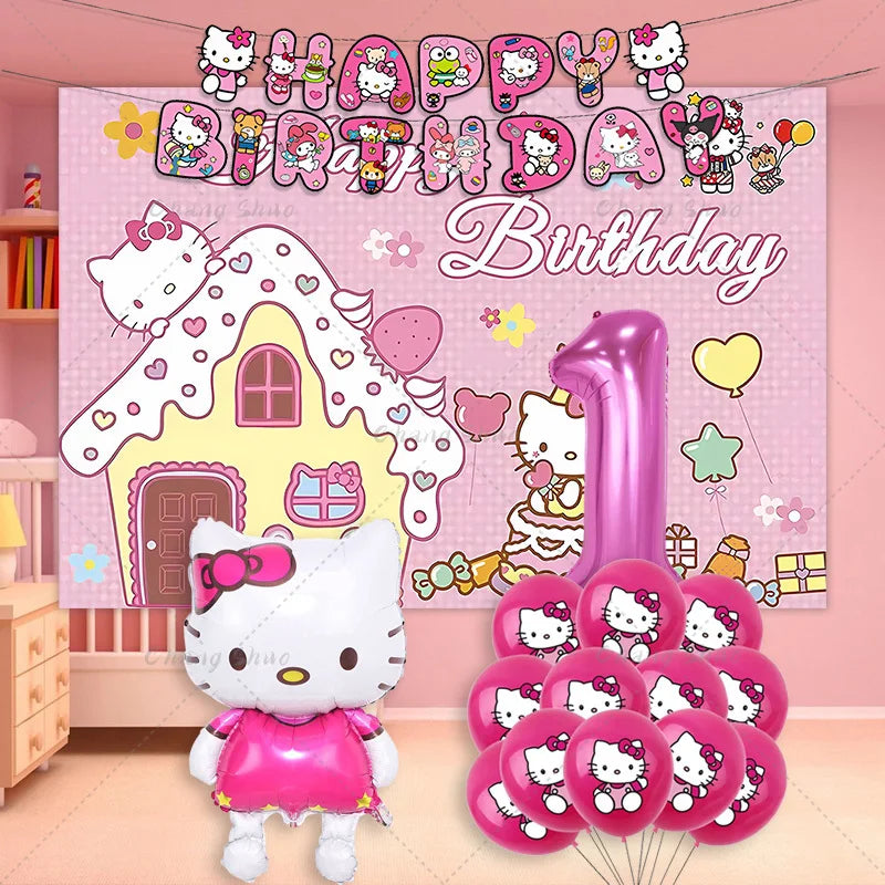 Hello Kitty Theme Birthday Party Decorations Balloon Set Cartoon Cat Aluminum Foil Balloons Girls Favors Baby Shower Supplies