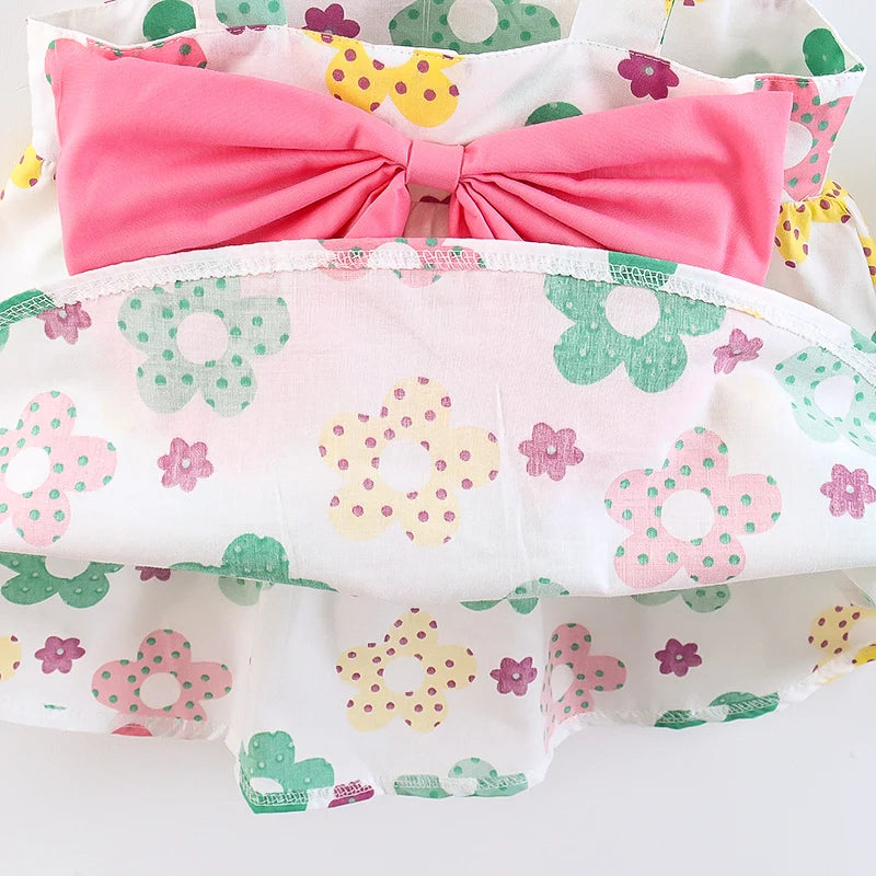 Summer 2/piece set baby girl dress hat little girl big bow design floral print princess dress all over the body