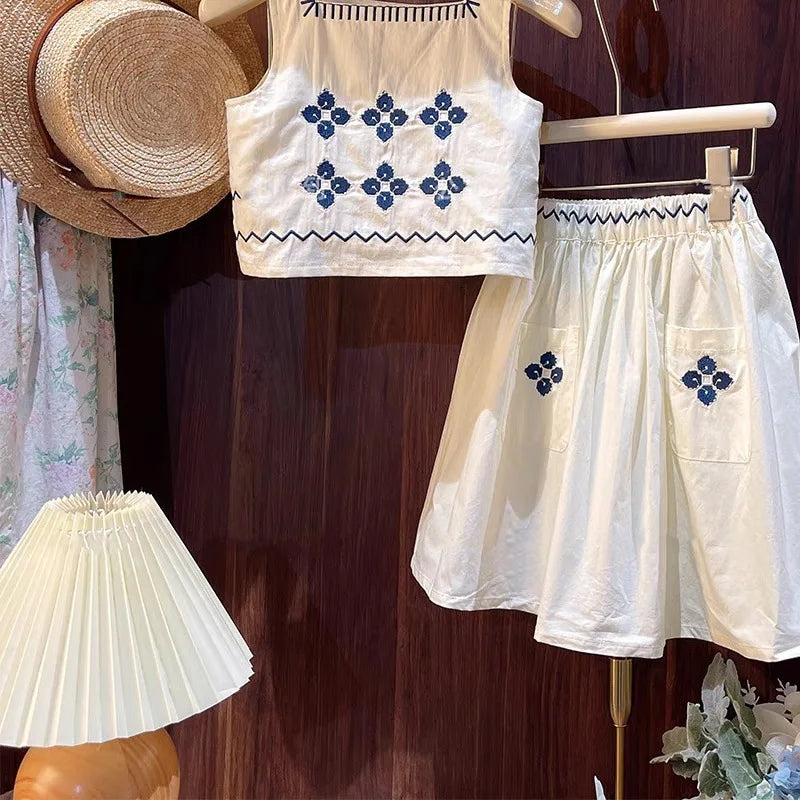 Children's Clothing Sets Floral Embroidery Sleeveless Top + Skirt 2pcs Kids Clothes Girls for 2 To 7 Years  Baby Girl Outfit Set