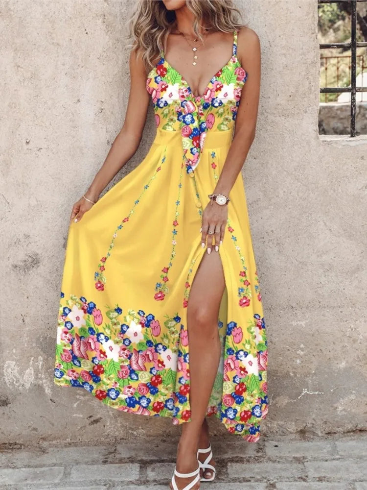 Summer Fashion Boho Floral Long Dress For Women 2025 Beach Style Sexy V Neck Spaghetti Strap Split Dresses Casual Holiday Dress