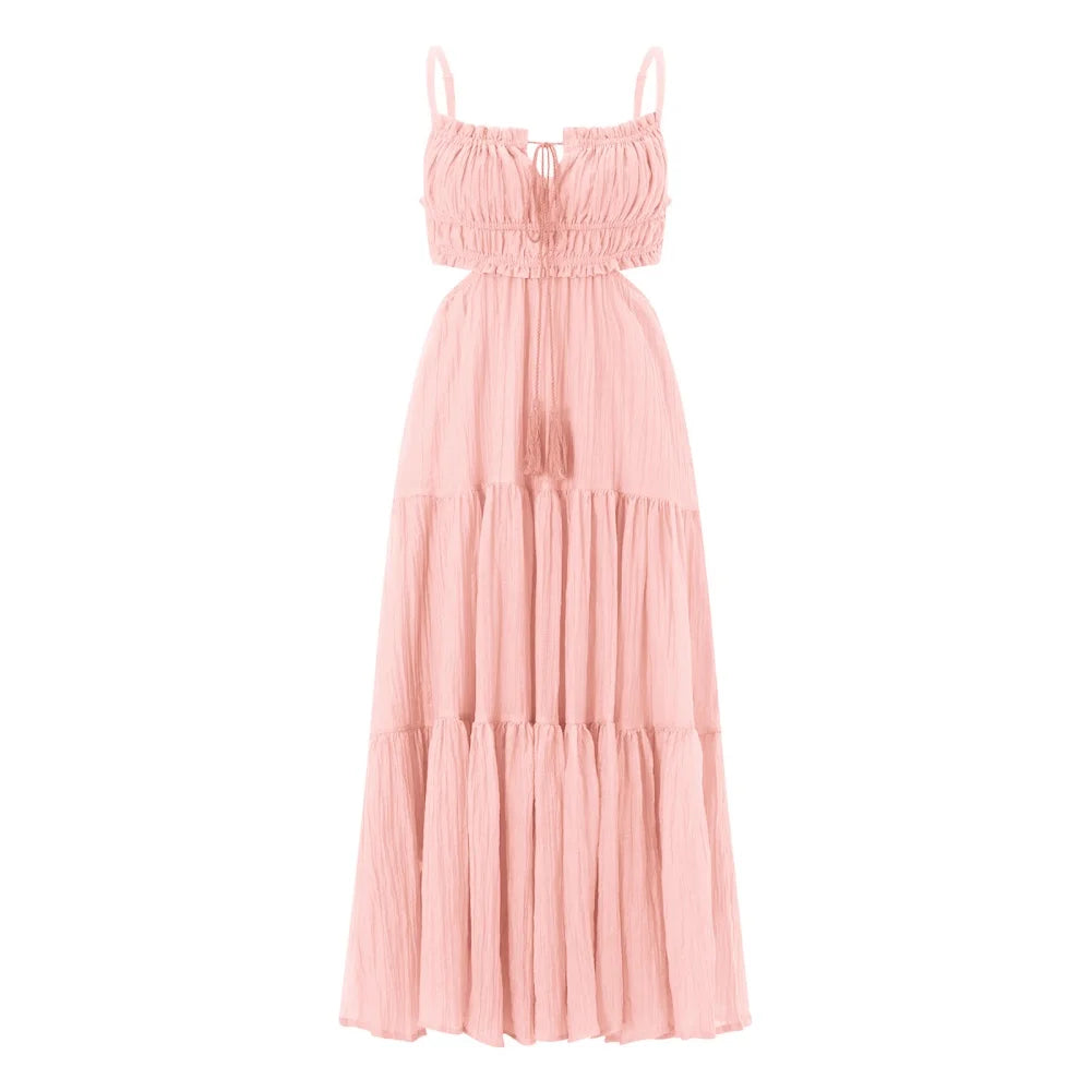 2025 Summer Women Flowy Long Dress Spaghetti Strap Cut Out Backless Ruffle A-line Dress Bohemian Party Holiday Casual Sundress