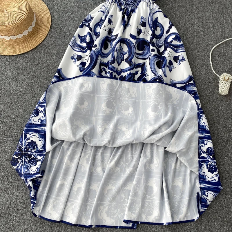 New Summer Holiday Elastic Yellow Print Long Dress Women's Spaghetti Strap Cup Padded Backless Blue White Porcelain Maxi Vestido