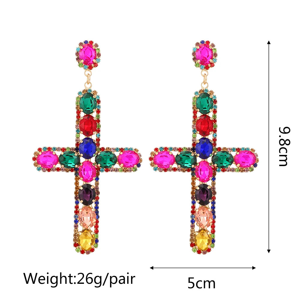 Luxury Shiny Crystal Clear Glass Cross Earrings Woman Popular Long Pendant Retro Statement Large Hanging Jewelry Ear Accessories