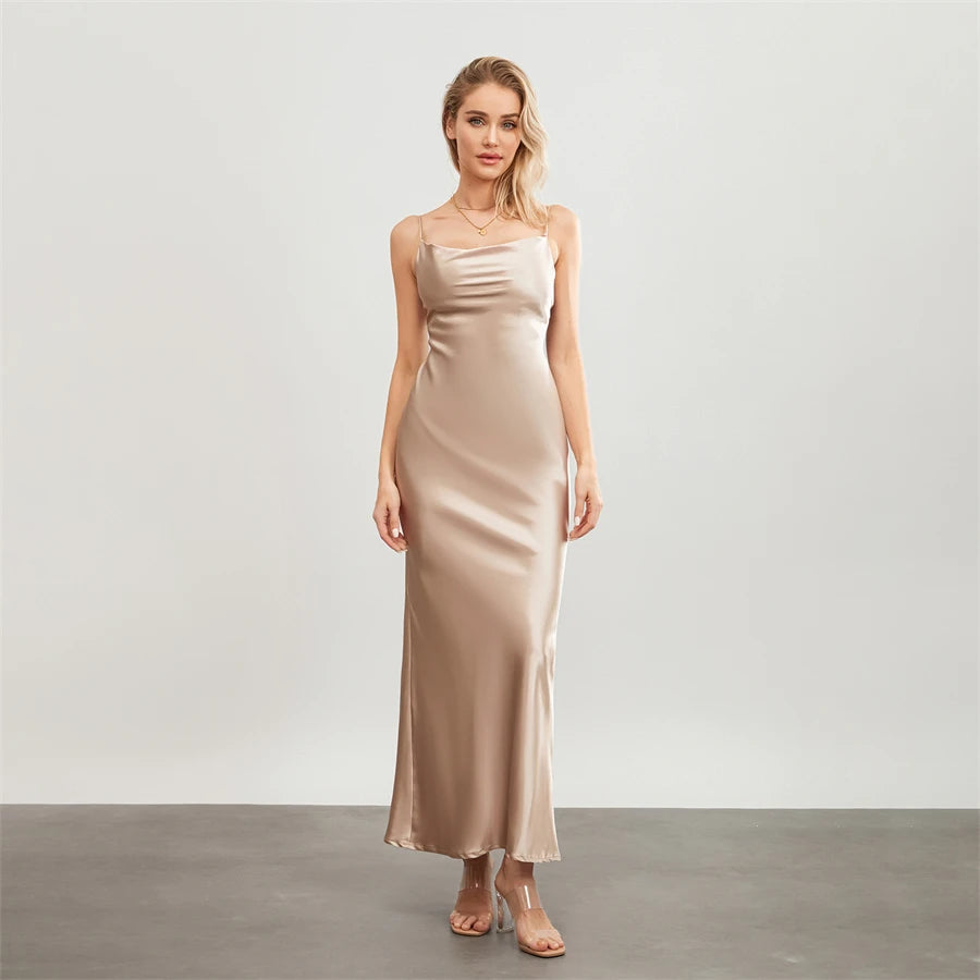 Elegant Satin Long Dress Solid Color Sleeveless Cowl Neck Wrap Party Dress