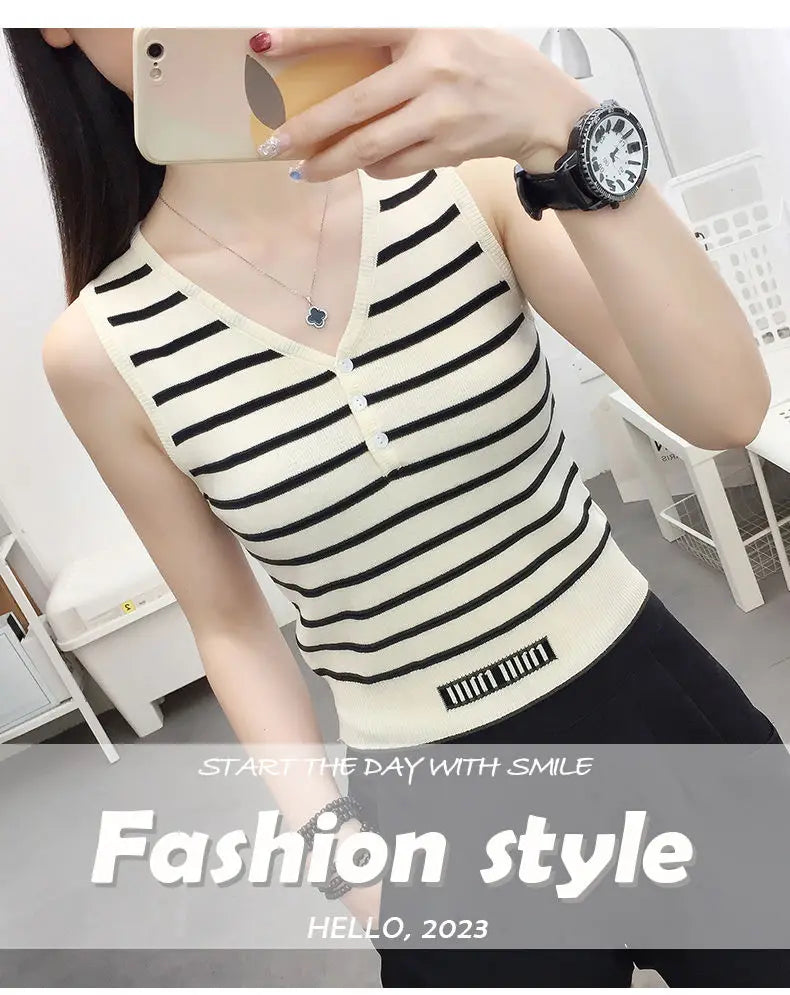 Summer New Short Ice Silk Sling Striped Tank Women's V-neck Button Slim Elastic Versatile Fashion Knitted Sleeveless Top