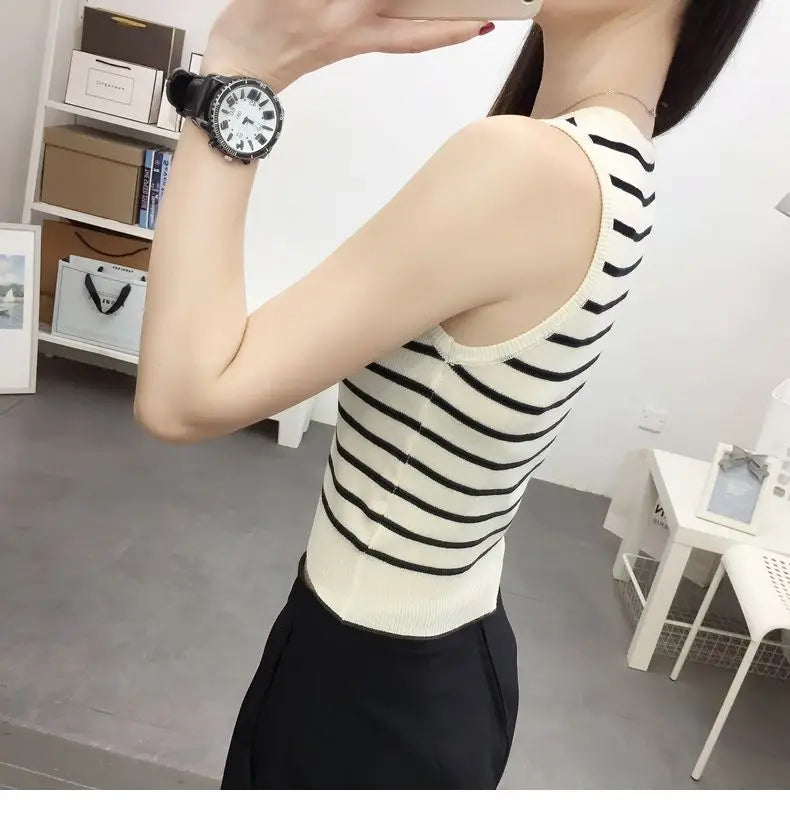 Summer New Short Ice Silk Sling Striped Tank Women's V-neck Button Slim Elastic Versatile Fashion Knitted Sleeveless Top