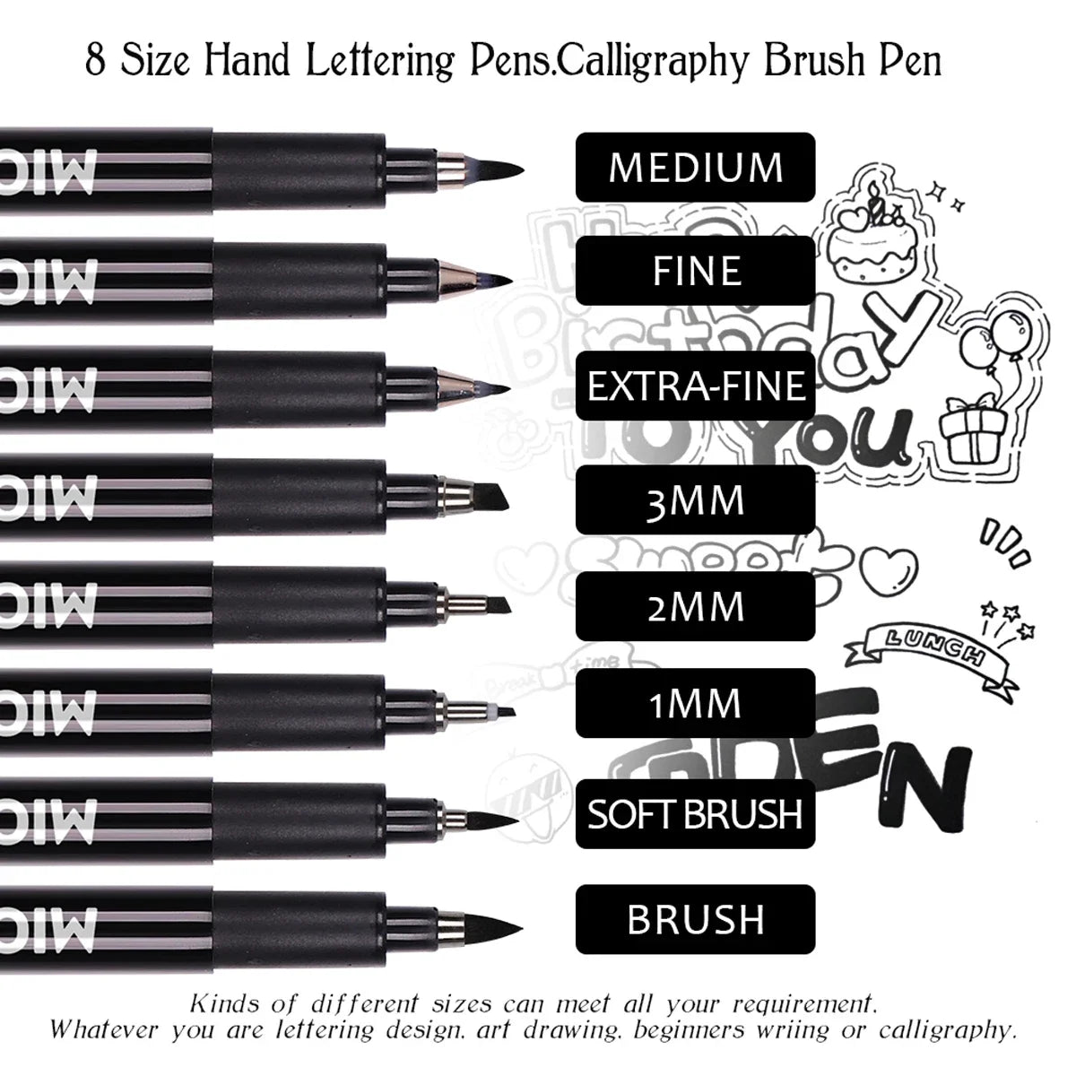 8Pcs Hand Lettering Pens, Calligraphy Brush Markers for Writing Sketching Art Drawing Illustration Scrapbooking Journaling Black