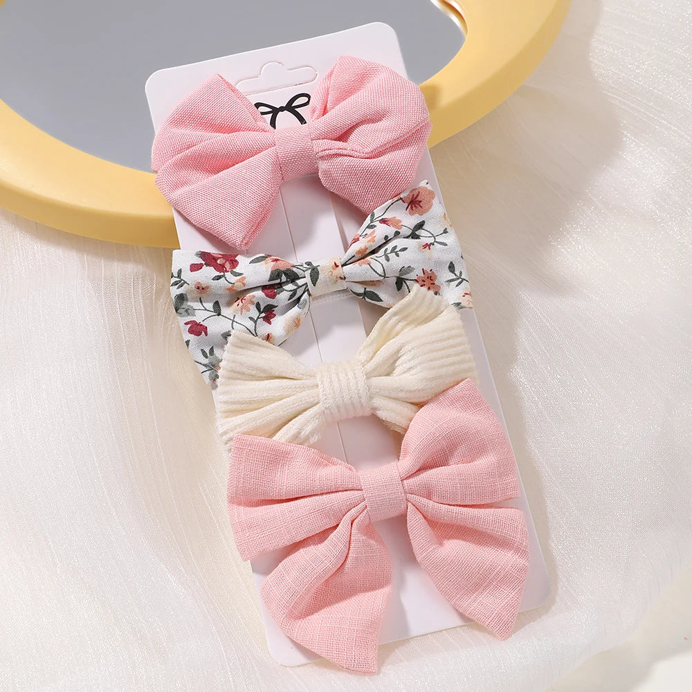 4PCS/Set Muslin Baby Girls Bows Hair Clips Hairpins Hairclip For Kids Cotton Linen Barrette Flower Print Side Pin Accessories