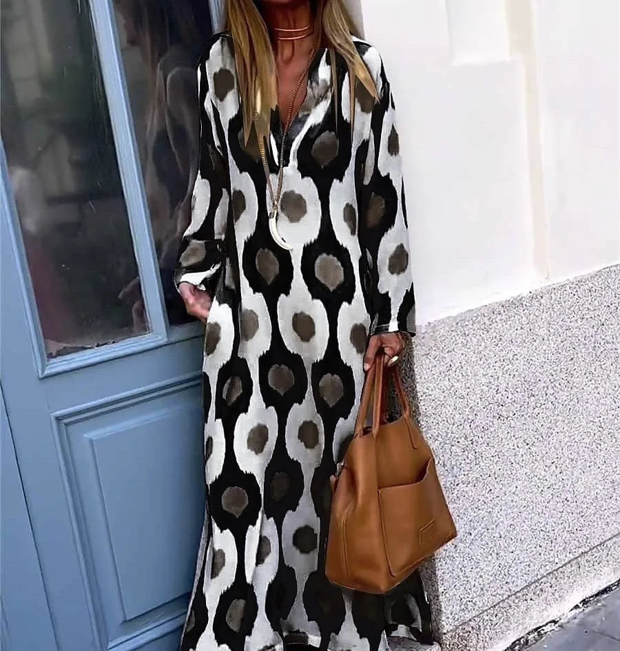 Bohemian Casual Print V-neck Long Dress Spring Autumn Vintage Mosaic Print Maxi Dress Loose Long Sleeve Holiday Dresses Vestido