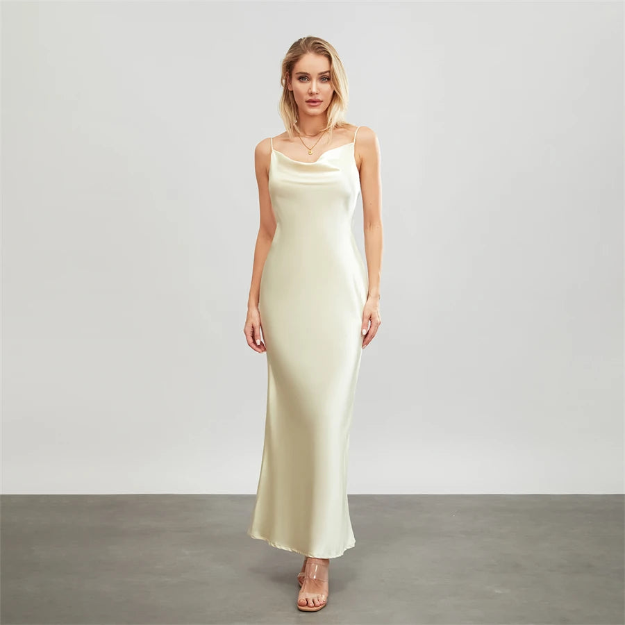 Elegant Satin Long Dress Solid Color Sleeveless Cowl Neck Wrap Party Dress