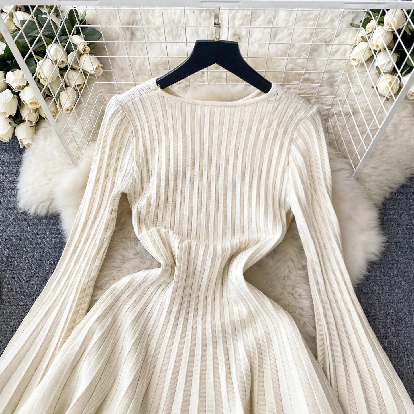 SINGREINY Elegant Knit Pleated Mini Dress Women Soft Ribbed Solid Flare Sleeve Fashion Lady Casual Sweater Slim Dresses
