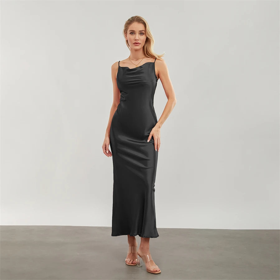 Elegant Satin Long Dress Solid Color Sleeveless Cowl Neck Wrap Party Dress
