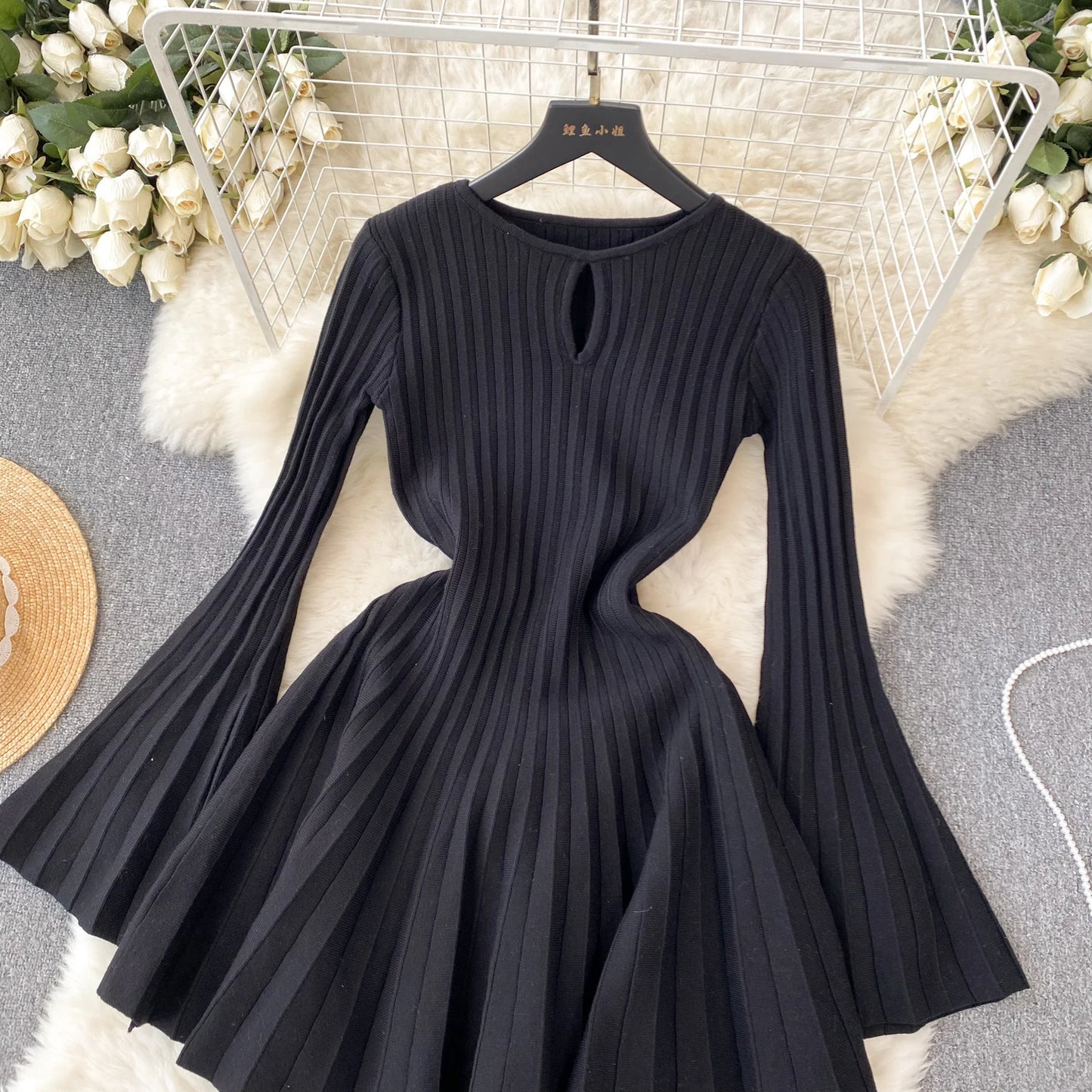 SINGREINY Elegant Knit Pleated Mini Dress Women Soft Ribbed Solid Flare Sleeve Fashion Lady Casual Sweater Slim Dresses