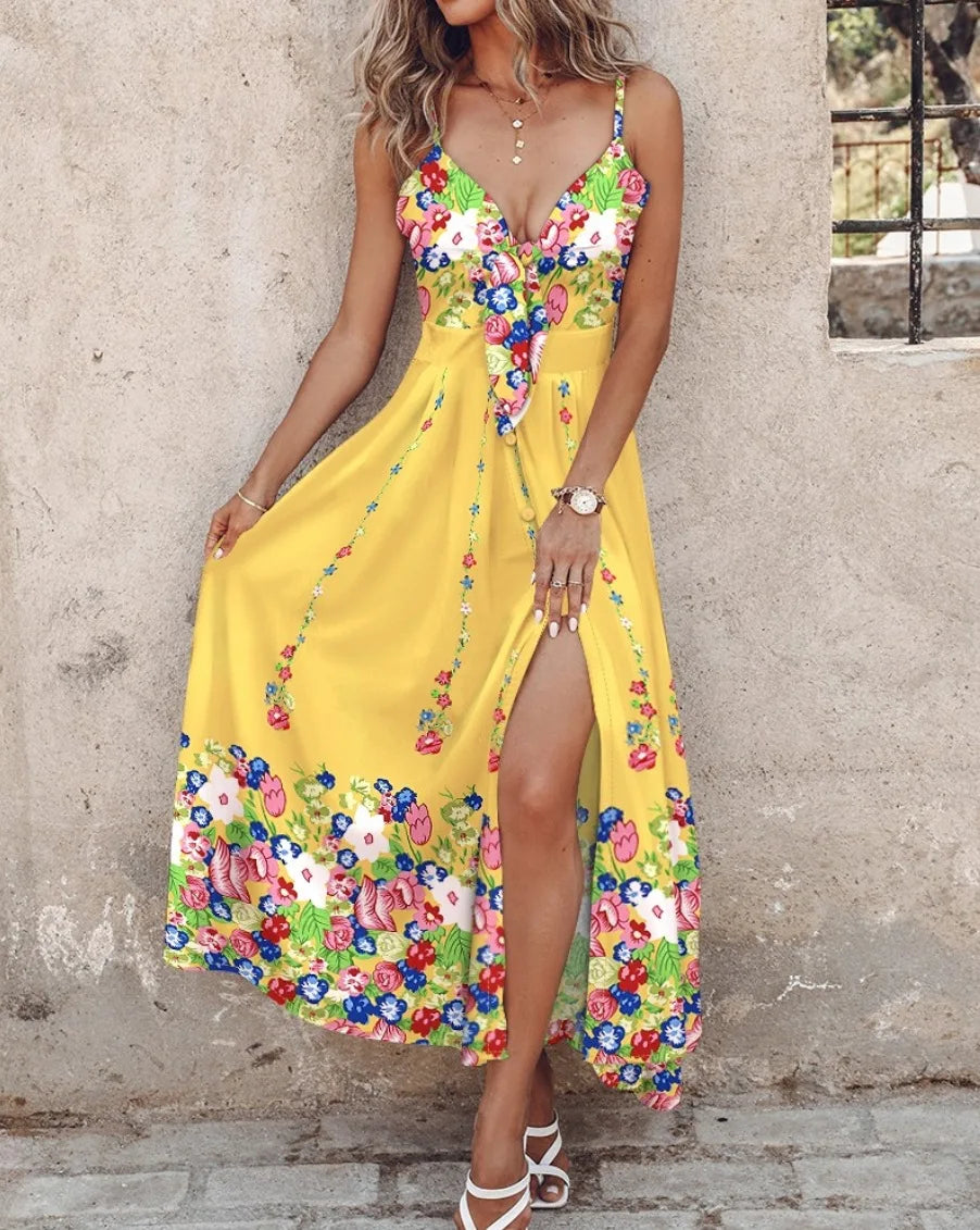 Summer Fashion Boho Floral Long Dress For Women 2025 Beach Style Sexy V Neck Spaghetti Strap Split Dresses Casual Holiday Dress