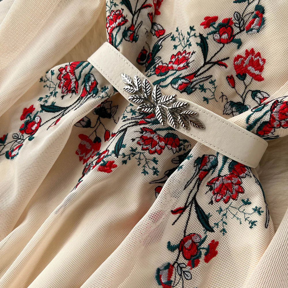 Autumn White/Beige Beading Embroidered Long Dress For Women Elegant O-Neck Puff Sleeve High Waist Elegant Party Robe New Fashion