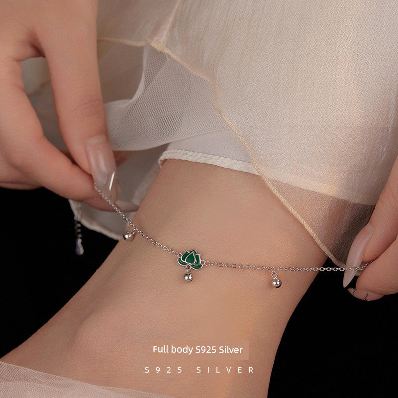 S925 Sterling Silver Step-by-Step Lotus Sliver Beads Anklet Female Retro Artsy Fresh Lotus Lucky Beads Ankle Chain Ornament