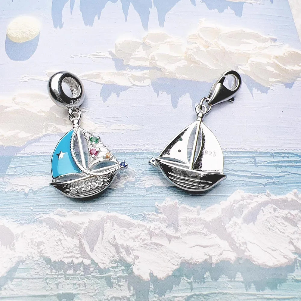 Hot 925 Sterling Silver Blue Sailing Boat Charm Pendants Brand New Trendy Holiday Gift for Women Men Jewelry
