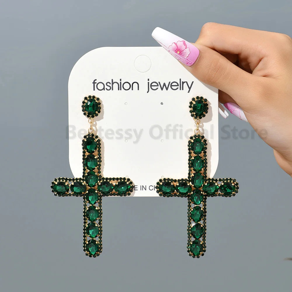 Luxury Shiny Crystal Clear Glass Cross Earrings Woman Popular Long Pendant Retro Statement Large Hanging Jewelry Ear Accessories