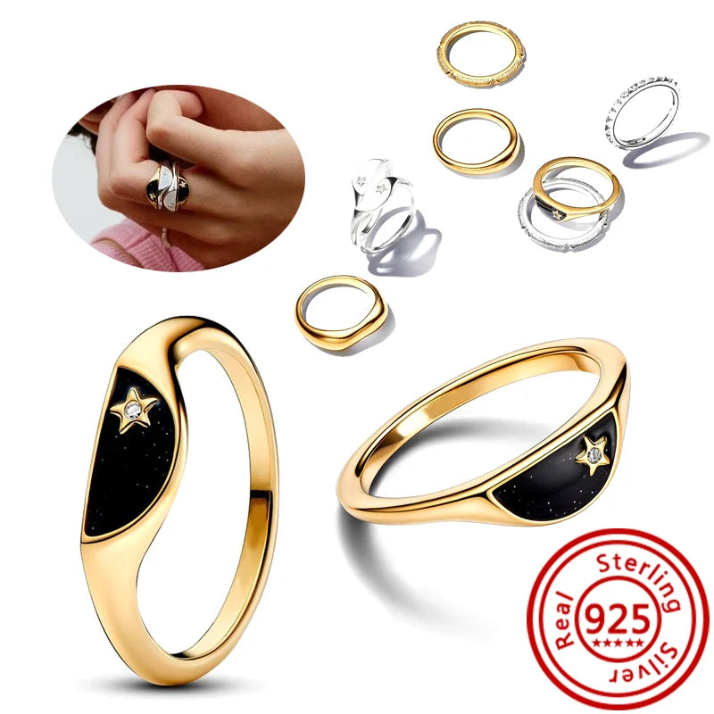 New 925 Sterling Silver Organically Shaped Stacking Pearls Hearts Stars Moon Sun Day Night Sparkling Pantaro Rings Women Jewelry