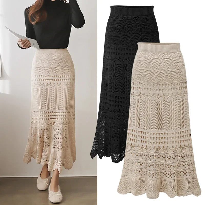 Spring Autumn High-waisted Loose-fit Knit Skirt Women's Hook Flower Hollow Out Long Dress 90cm