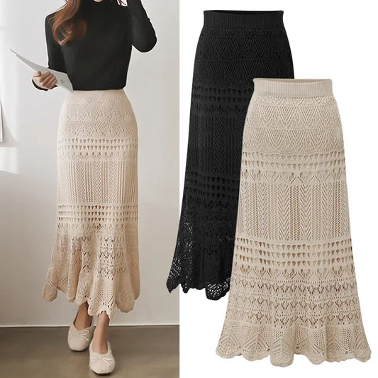 Spring Autumn High-waisted Loose-fit Knit Skirt Women's Hook Flower Hollow Out Long Dress 90cm