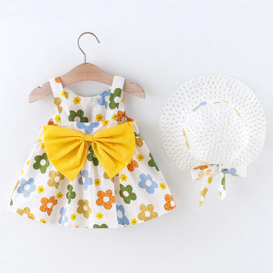 Summer 2/piece set baby girl dress hat little girl big bow design floral print princess dress all over the body