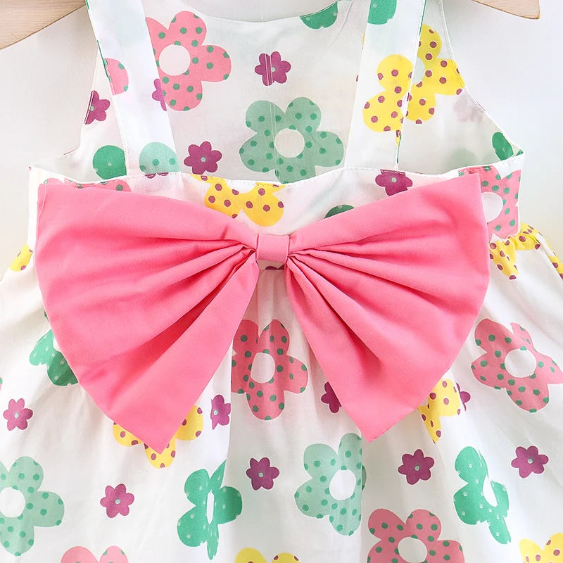 Summer 2/piece set baby girl dress hat little girl big bow design floral print princess dress all over the body