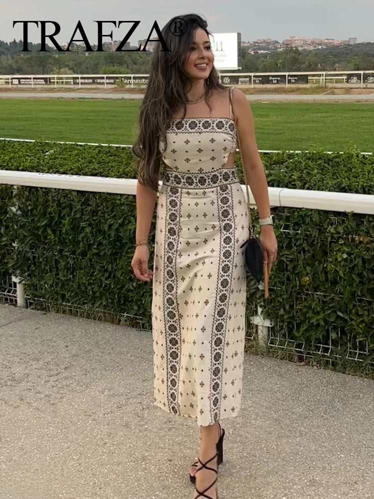 TRAFZA Women Vintage Print Sling Long Dress 2025 Fashion Hollow Out Sleeveless Backless Button Holiday Dresses Lady Slim Robes