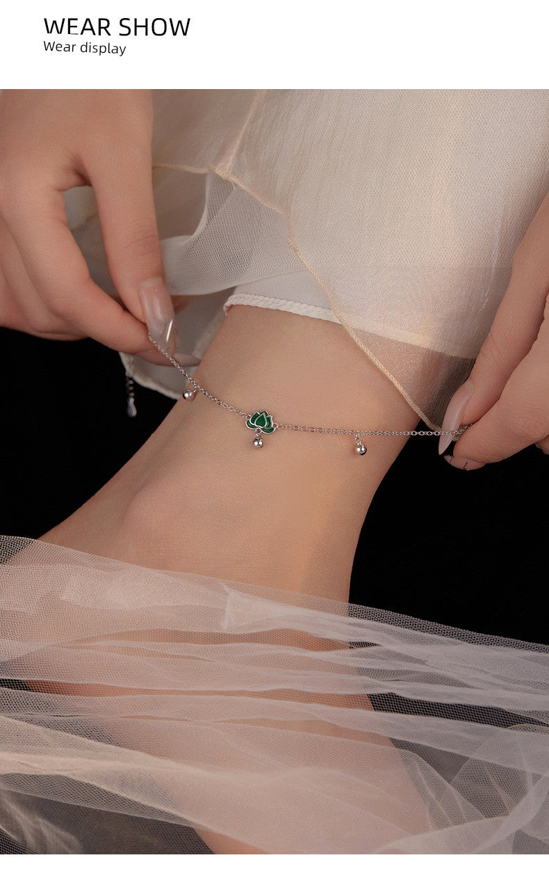 S925 Sterling Silver Step-by-Step Lotus Sliver Beads Anklet Female Retro Artsy Fresh Lotus Lucky Beads Ankle Chain Ornament