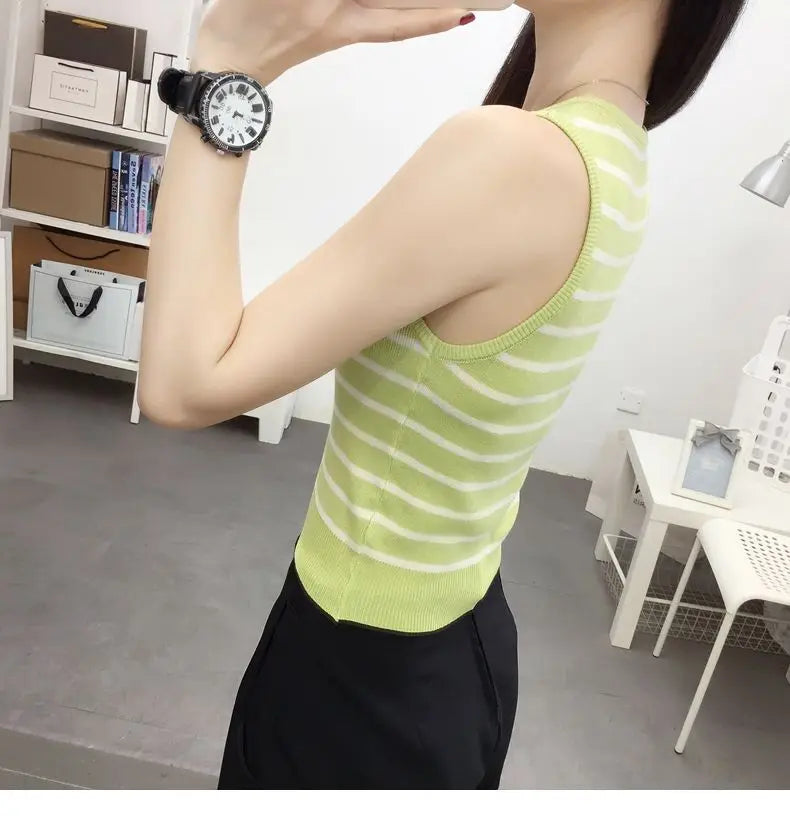Summer New Short Ice Silk Sling Striped Tank Women's V-neck Button Slim Elastic Versatile Fashion Knitted Sleeveless Top
