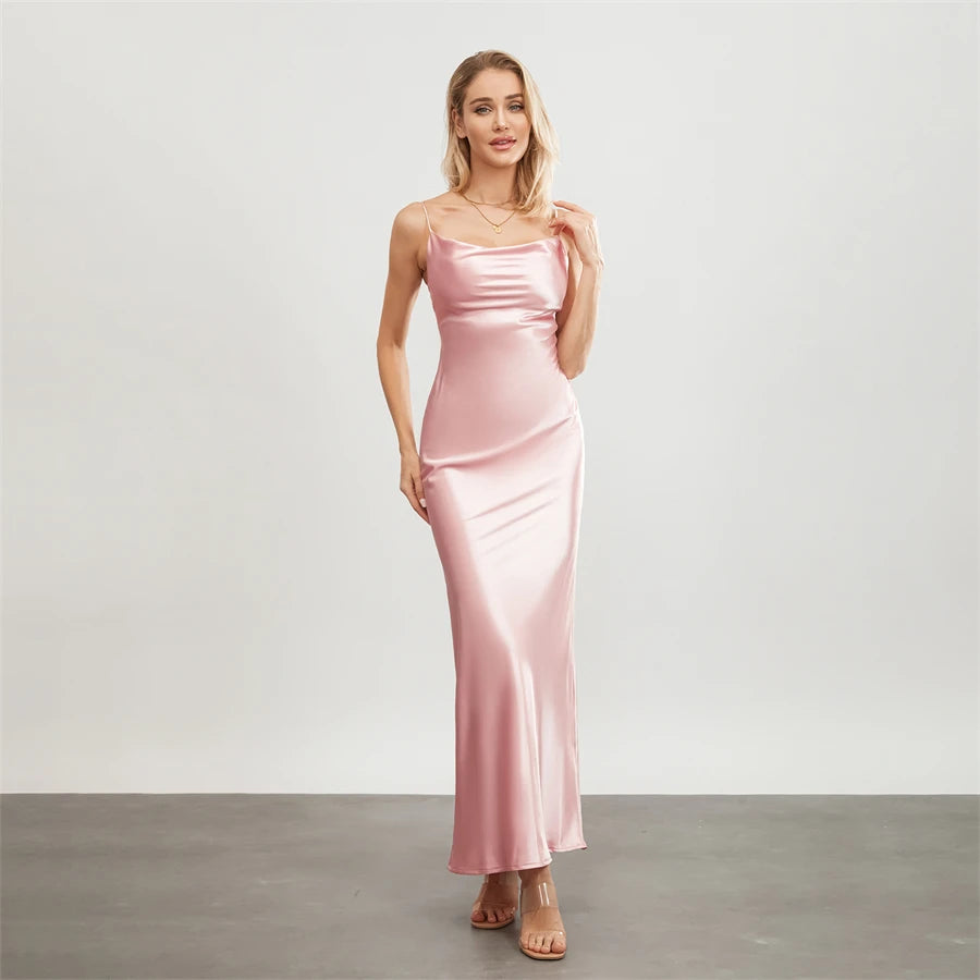 Elegant Satin Long Dress Solid Color Sleeveless Cowl Neck Wrap Party Dress
