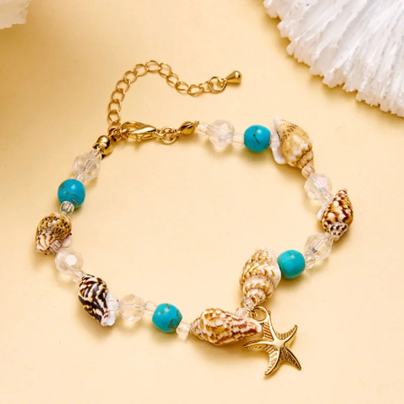 Boho Starfish Conch Bracelet Anklets for Women Girls Cute Shell Rice Beads Leg Ankle Chain Summer Foot Beach Jewelry Gifts