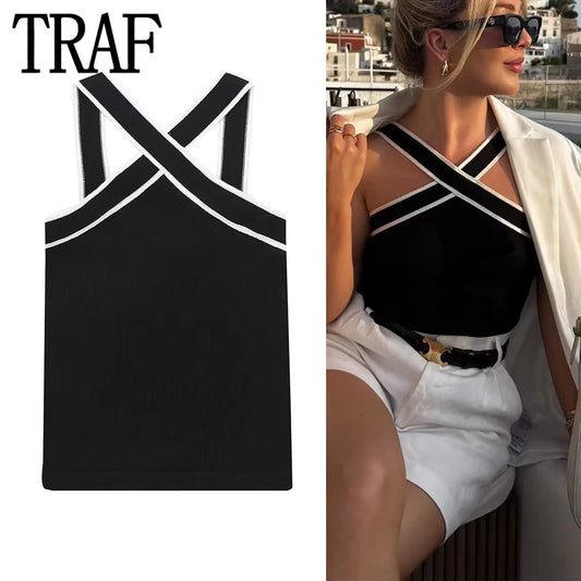TRAF Black Knit Tank Top Female Off Shoulder Crop Tops For Women Backless Sleeveless Top Woman Streetwear Sexy Summer Tops