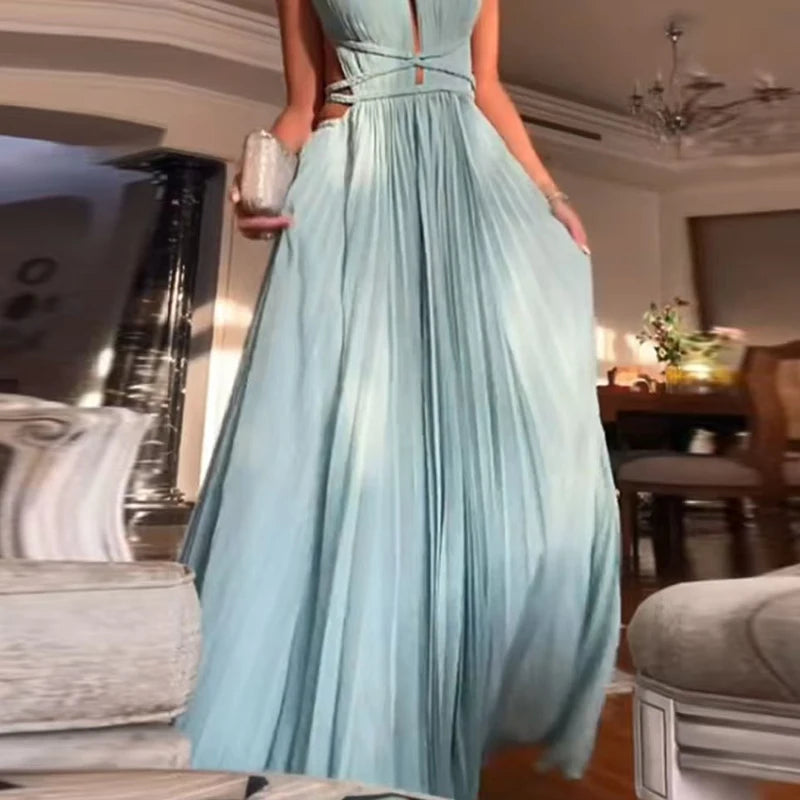 Women O-neck High Waist Pleated Long Dress Sexy Hollow Out Backless Swing Beach Dress Spring Summer Sleeveless Solid Party Dress