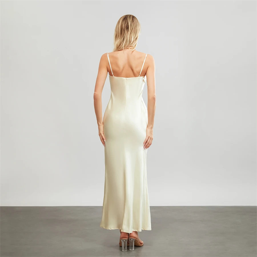 Elegant Satin Long Dress Solid Color Sleeveless Cowl Neck Wrap Party Dress