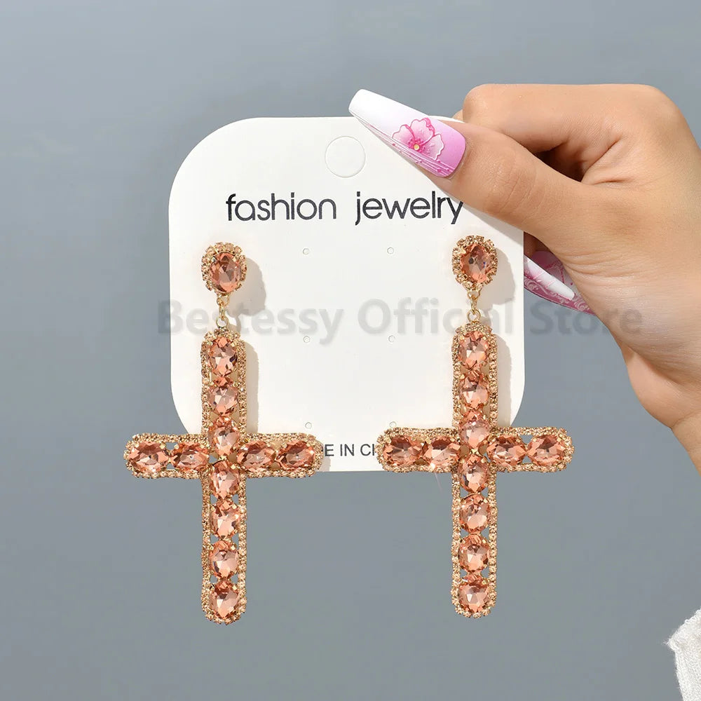Luxury Shiny Crystal Clear Glass Cross Earrings Woman Popular Long Pendant Retro Statement Large Hanging Jewelry Ear Accessories