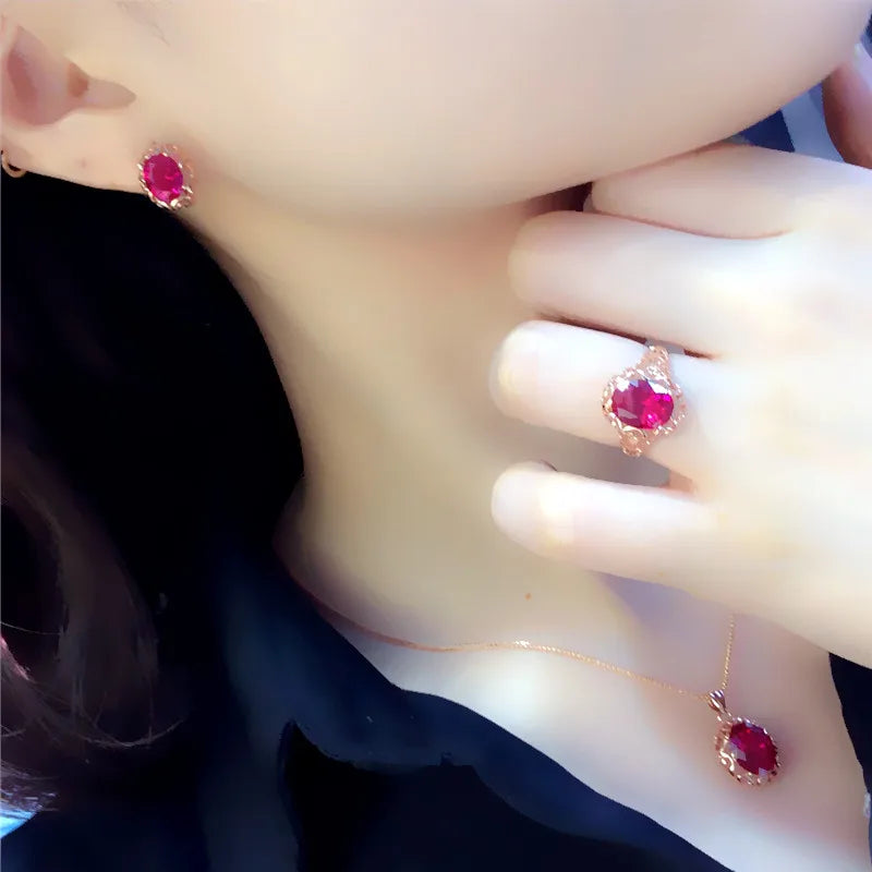 Luxury 585 purple gold inlaid ruby jewelry set hollow design 14K rose gold wedding necklaces rings earrings for girlfriend