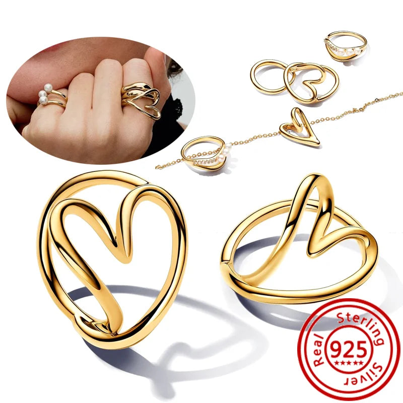New 925 Sterling Silver Organically Shaped Stacking Pearls Hearts Stars Moon Sun Day Night Sparkling Pantaro Rings Women Jewelry