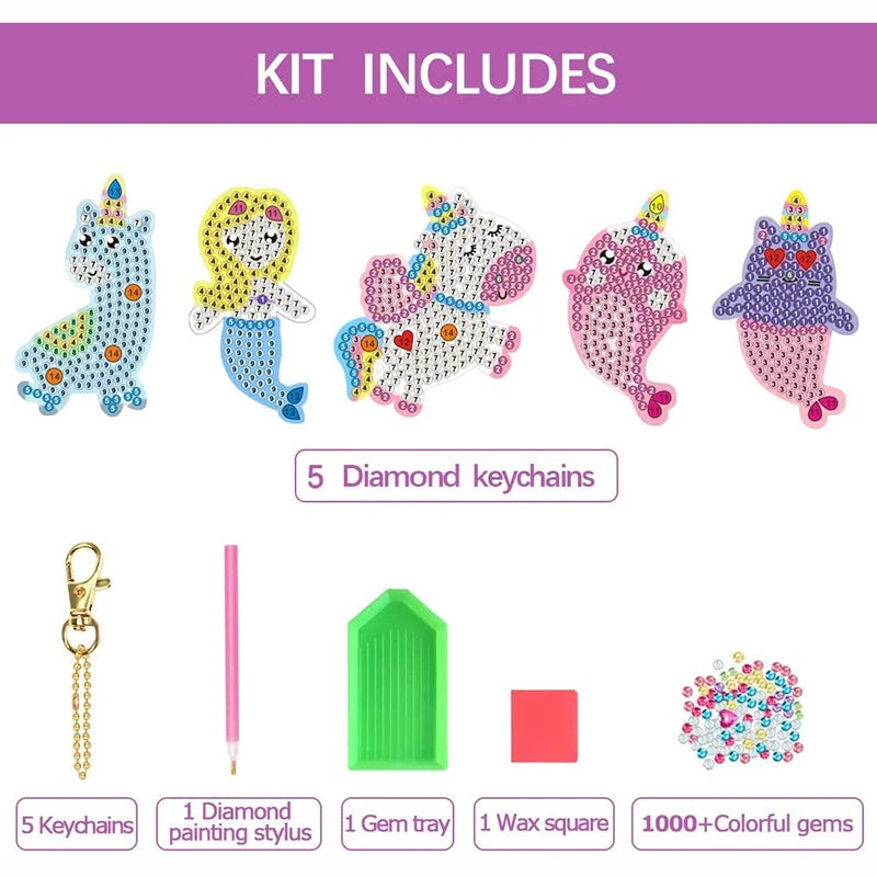 Kids Cartoon Mermaid Unicorn Big Gem Diamond Painting Kids Set Make Your Own Keychain Sticker Art Craft Kids Girls Gifts