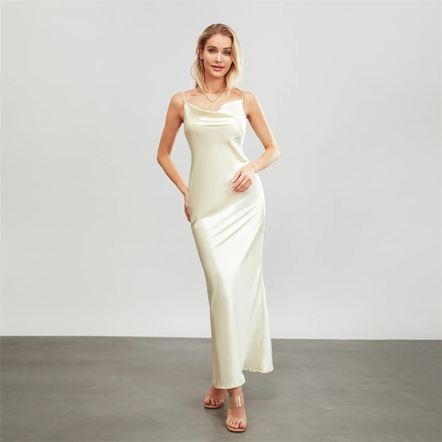 Elegant Satin Long Dress Solid Color Sleeveless Cowl Neck Wrap Party Dress