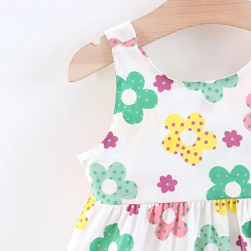Summer 2/piece set baby girl dress hat little girl big bow design floral print princess dress all over the body